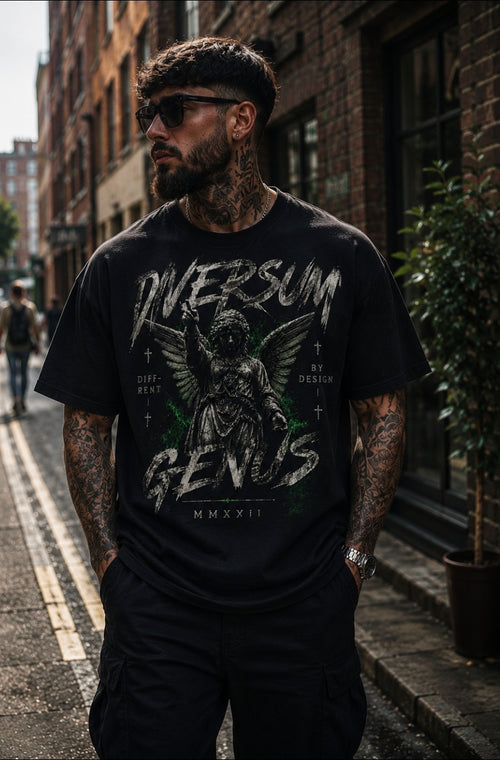A man wearing a black graphic t-shirt with a distressed white and green print that reads 'DIVERSUM GENUS' and 'DIFFERENT DESIGN', standing on a city street.