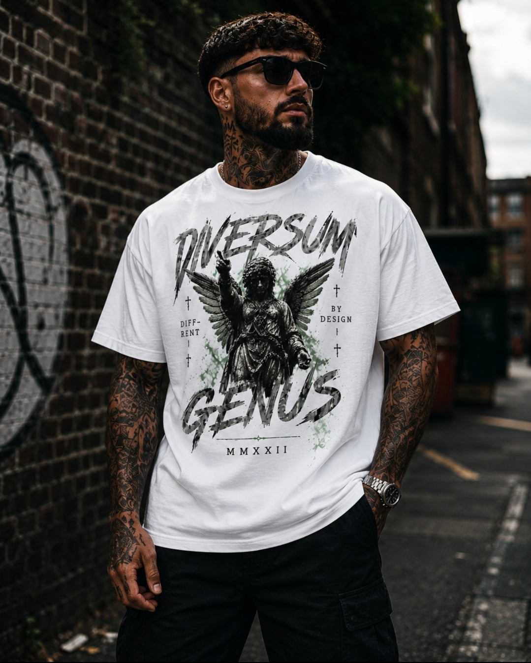 A man wearing a white graphic t-shirt with a black winged figure and the text 'RIVERSUM GENUS' and 'MMXIXII' in an urban street setting.