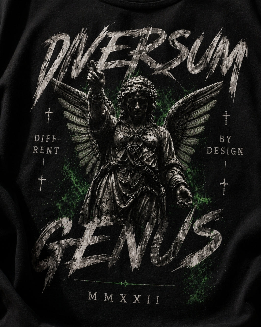 A close-up of a black graphic t-shirt featuring a detailed gothic design. The print depicts a winged female angel figure with one hand raised, surrounded by distressed white text reading 'DIVERSUM GENUS' and smaller text 'DIFFERENT BY DESIGN' and 'MMXII'.