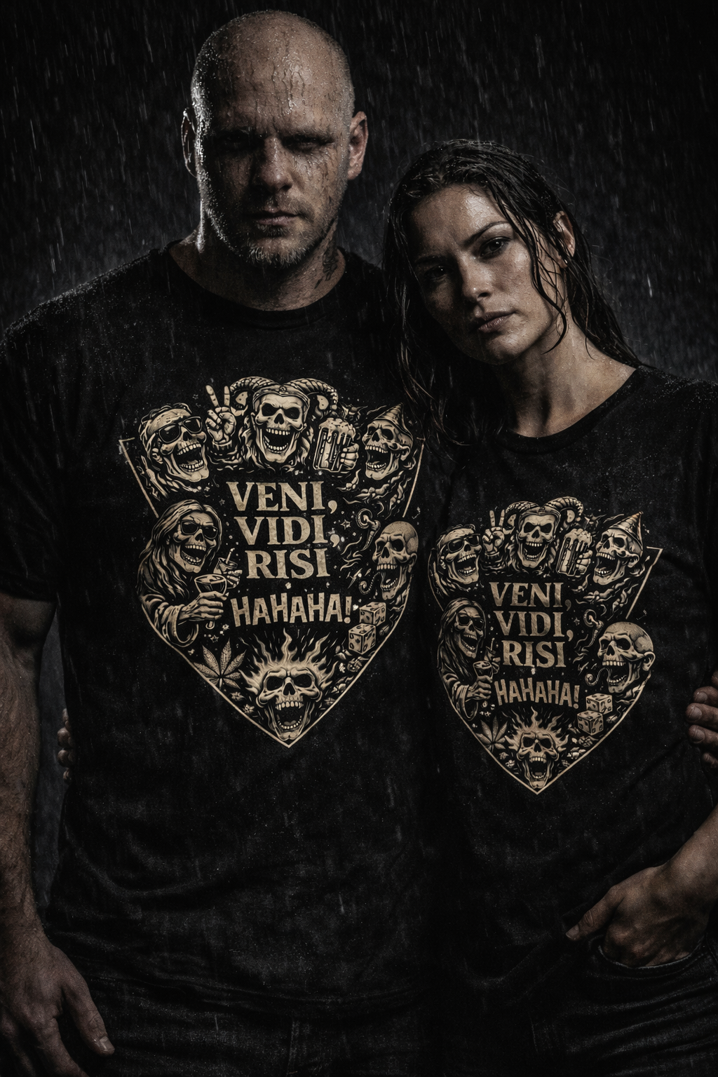 Two people wearing black t-shirts with a graphic design and text.