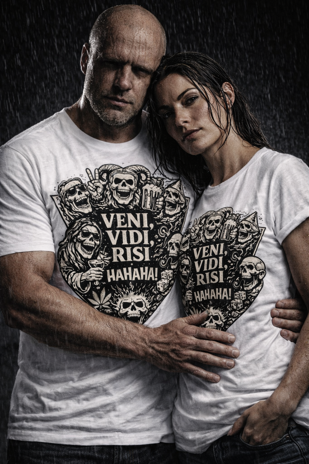 Two people wearing white t-shirts with graphic designs and text.